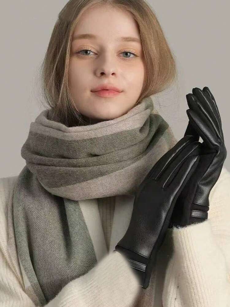 1 Par de Luvas Casuais Elegantes de Cor Sólida em PU com Rebite Embutido, Adequadas para Mulheres Maduras em Esportes ao Ar Livre, Outono/Inverno, Halloween - Preto - Visão 5
