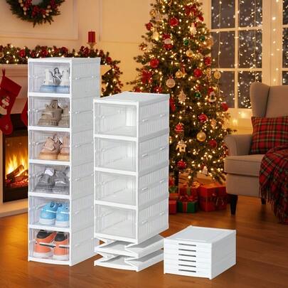 6 Stück Tür-Kunststoff-Schuhboxen mit transparenten Türen – Faltbare & stapelbare Schuhaufbewahrungsboxen für Zuhause, Büro, Flur – Platzsparende Organizer für Sneaker, Stiefel