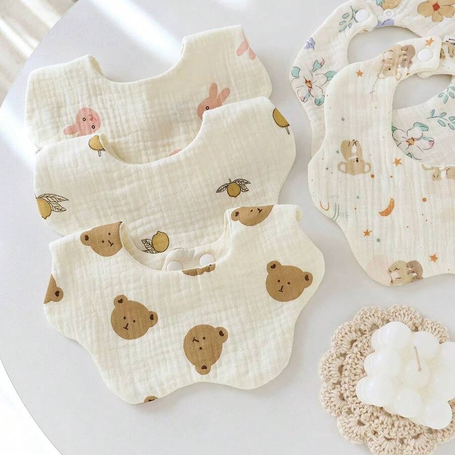 2件/3件套 6层纱布婴儿围兜，可爱卡通口水巾，吸水性强，防吐奶婴儿拍嗝巾 - 彩色 - 查看 1