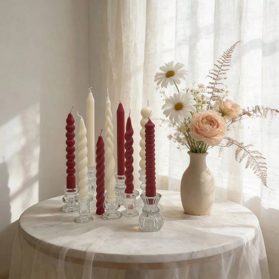 1pc White Long Stem Scented Candle (Candle Holder Not Included), Available In Various Shapes: Beaded, Twisted, Spiral, Wavy, And Striped. Made Of Smokeless Soy Wax, Suitable For Home Decor, Holiday Decor, Living Room Decor, Party Decor, Creating Romantic Ambiance, Candlelight Dinner, Photography Props, Wedding And Wedding Decor, Wedding Gifts, And Women Gifts. - Multicolor - View 1