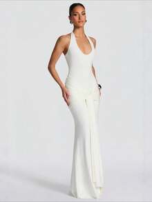 2026 New Arrival Women's Elegant Dress - Halter Neck, Strappy Splicing, Slim & Hip-Wrapping Long Dress, Euro-American Style - 白色 - 查看 5