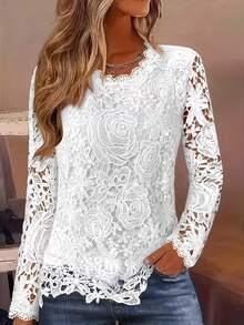 纯色薄纱蕾丝拼接圆领长袖上衣，适合日常穿着和春季度假。 - 白色 - 查看 1