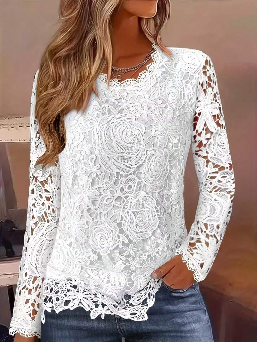 纯色薄纱蕾丝拼接圆领长袖上衣，适合日常穿着和春季度假。 - 白色 - 查看 1