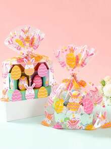 10pcs Easter Bunny & Egg Pattern Gift Bags, Made Of Transparent Material, Printed With Bunny And Egg Patterns, And Comes With Ribbons. These Flat Bags With Bunny And Egg Patterns Are Suitable For Easter, Birthday Parties, And Spring-Themed Parties. - Multicolor - View 2
