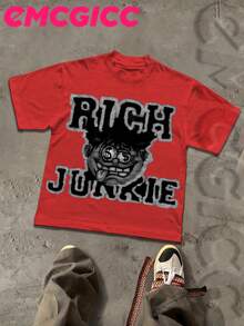 Y2K,RICH JUNKIIES....Fashionable Cotton Men's T-Shirt, Multi-Color Optional, Surprise Gift For Friends And Family, Christmas Drop Shoulder Sleeves Round Neck - Đỏ - Xem 1