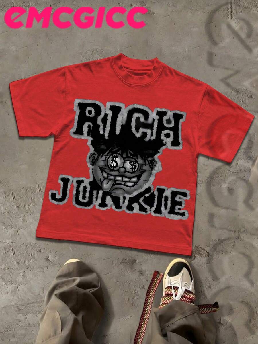Y2K,RICH JUNKIIES....Fashionable Cotton Men's T-Shirt, Multi-Color Optional, Surprise Gift For Friends And Family, Christmas Drop Shoulder Sleeves Round Neck - Đỏ - Xem 1