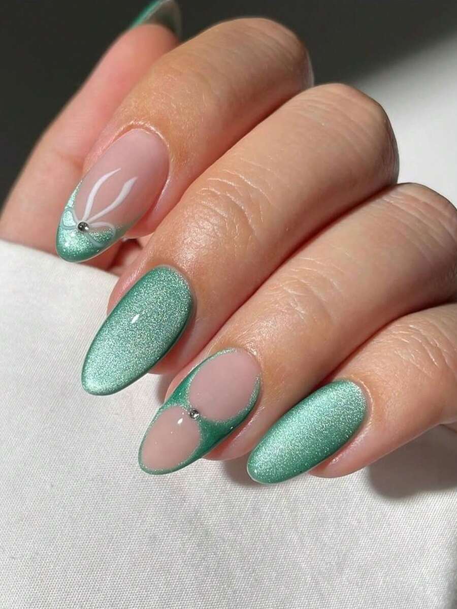 24片法式蝴蝶结美甲贴片，杏仁形，绿色，美甲用品，适合日常佩戴 - 彩色 - 查看 1