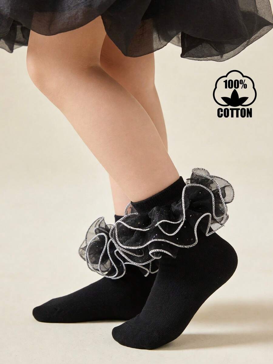 1双儿童棉质中小号蕾丝边袜子，蓬松蕾丝网纱女童蕾丝边袜子，可爱公主舞蹈袜 - 黑色 - 查看 1