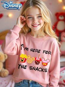 Officially Authorized By Disney, "Disney Snacks" Pattern, Girls' Round-Neck Hoodie, Comfortable Material, Bright Color, Suitable For Autumn And Winter, Outdoor Sports - Hồng - Xem 1