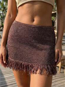 Women Y2k Fringe Knit Mini Skirts Boho Bodycon Low Waist Going Out Crochet Tassel Short Skirt - Màu nâu Sô-cô-la - Xem 3