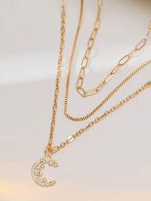 3件套中东斋月不锈钢圆形蛇骨链，配方形回形针分层设计月亮和星星立方氧化锆吊坠，适合女性日常佩戴（链扣和珠子数量随机） - 金黃色 - 查看 6