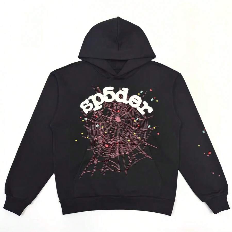 SP5DER Spider Worldwide Tracksuit Hoodie Cobweb Pattern Print Unisex Sweatshirt Men Women Graphic Outwear, Tracksuit Pullover Sweatshirt For Women Men Matching Hoodies For Couples - Black/hoodie - 查看 1