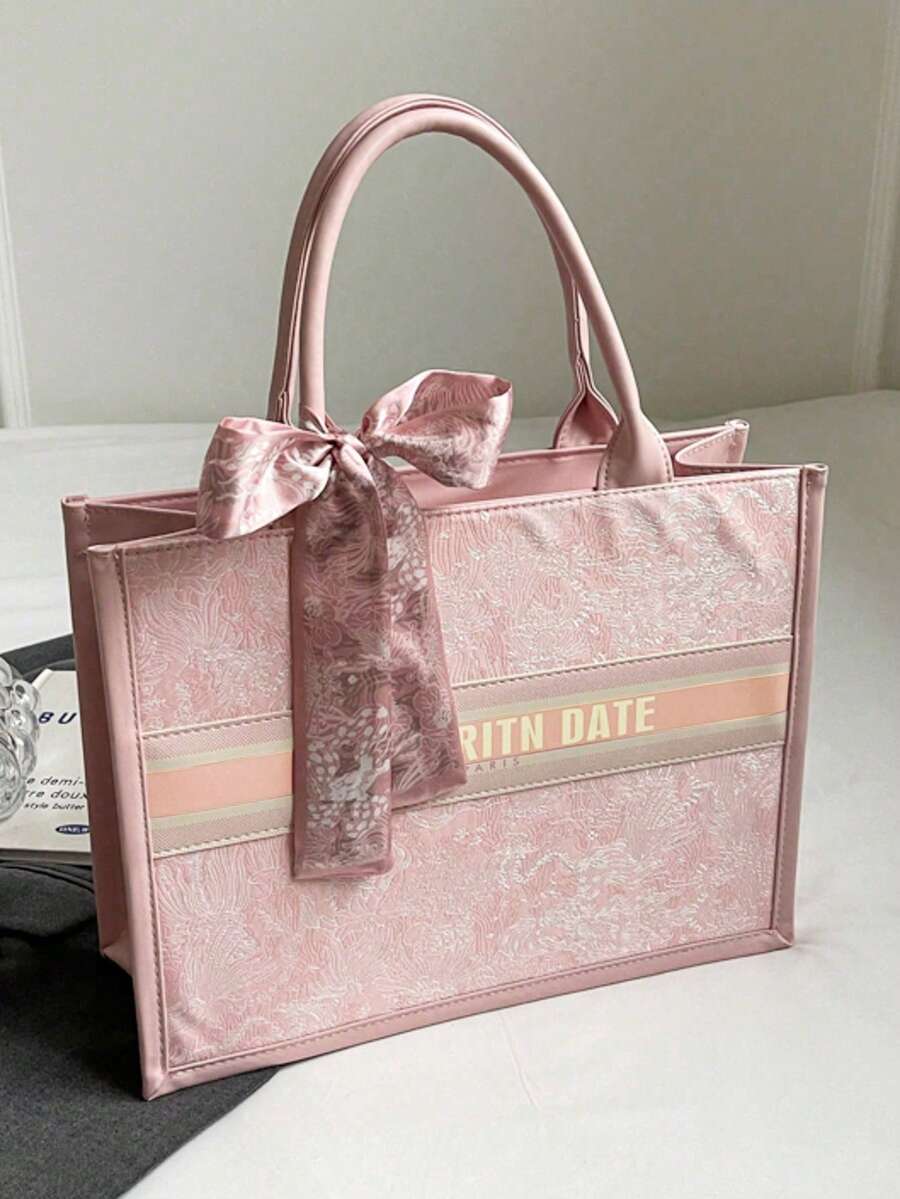 (28 cm * 20 cm * 10 cm) Sac à main mode pour femmes, grande capacité, forme carrée, léger, décoré d'un foulard raffiné, matériau résistant aux rayures et à l'abrasion, convient pour le shopping, les sorties, les rassemblements, les déplacements, motif lettre, élégant sac fourre-tout minimaliste décontracté pour femmes - Rose bonbon - Voir 1