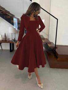 2pcs Set: Elegant Casual/Business Loose Long Sleeve Jacket Top + Asymmetrical Hem Waist Cinched Maxi Dress, Burgundy, Autumn/Winter - Burgundy - View 5
