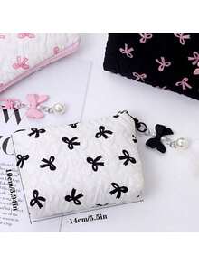 1pc Cute Bow And Heart-Shaped Makeup Bag With Wristband. Large Capacity Cosmetic Storage Bag And Travel Bag, Elegant Gold Hardware (Black/White/Pink) - Perfect Gift Idea, A Gift For Women ,Travel Essential Bag - Multicolor - View 4