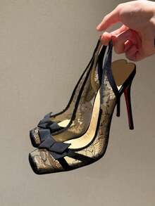 Black Lace High Heel Shoes, Sexy Bowknot Strap Sandals For Women - Black - View 2