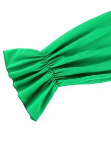 大码女式圆领喇叭袖连衣裙，荷叶边下摆，系腰绿色长款派对连衣裙 - 綠色 - 查看 6