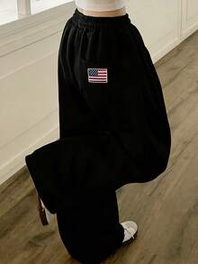 女士直筒休闲宽松运动裤，秋季黑色 - 黑色 - 查看 1