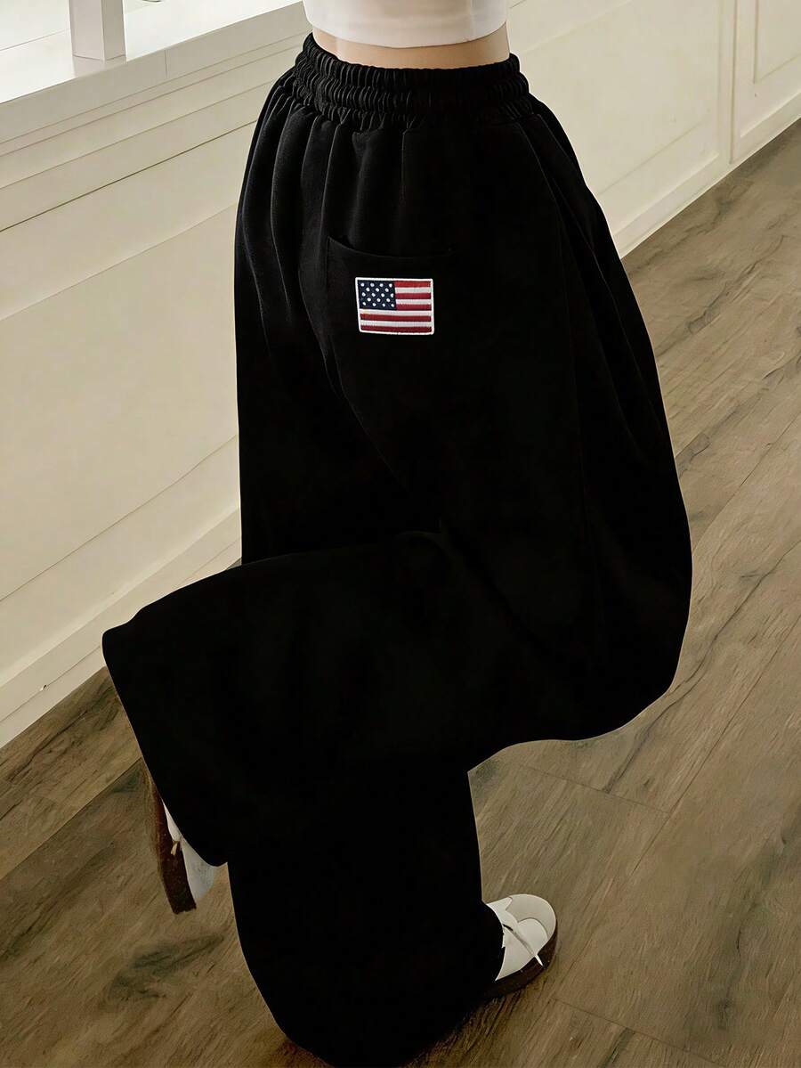 女士直筒休闲宽松运动裤，秋季黑色 - 黑色 - 查看 1