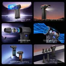 160,000 转/分钟涡轮飓风吹风机，160W 无绳电动除尘器，配备 4 档可调速无刷电机、LED 照明灯和多喷嘴套装，适用于电脑/汽车清洁 - 彩色 - 查看 3