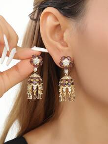 一对优雅的锆石花朵耳环，时尚创意祖母绿宝石铃铛吊坠耳环，轻盈奢华的宝莱坞风格耳环，适合女孩和女士日常佩戴，也适合节日、婚礼和派对等场合/珠宝礼品 - 時尚 - 查看 4