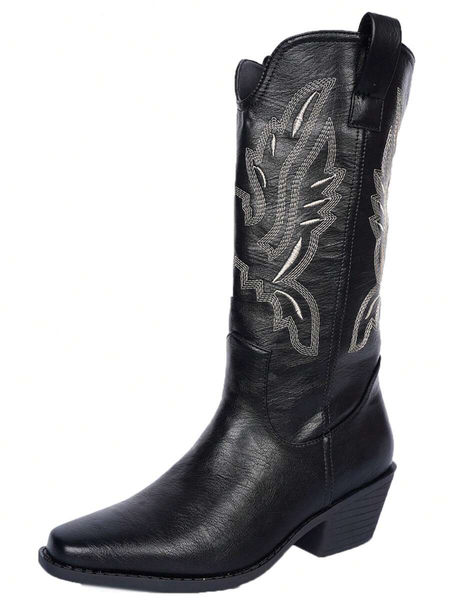 女士西部牛仔靴，新款欧美西部风格，饰以传统刺绣，假日休闲方头低跟靴底，防滑耐磨，不易疲劳，适合牧场文化牛仔派对和街头文化时尚日常节日穿着。 - 黑色 - 查看 1