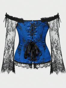 Plus Size Corset Tops For Women With Lace Sleeves, Bustier Overbust Lace Up Bodice Lingerie, Tummy Control Women's Lingerie & Shapewear - 藍色 - 查看 3