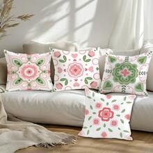 1件简约日常粉绿波西米亚风花卉植物印花装饰抱枕套，单面桃绒面料，45*45厘米/18*18英寸，适用于房间装饰、现代沙发客厅装饰，礼品 - 彩色 - 查看 9