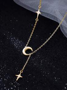 1pc S925 Sterling Silver Minimalist Fresh Elegant Star Tassel Necklace, Women's Daily Commute Versatile Exquisite Star Moon Choker Necklace, Holiday Gift - Stars and Moon - View 2