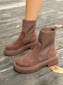 女士西部风格丝绒弹力短靴，圆头，平底，舒适，时尚 - 卡其色 - 查看 3