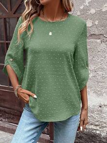 Women's Polka Dot Cutout Textured Mid-Sleeve Asymmetrical Cuff Decor Button Bohemian Style Loose Fit Round Neck Blouse - Green - View 2