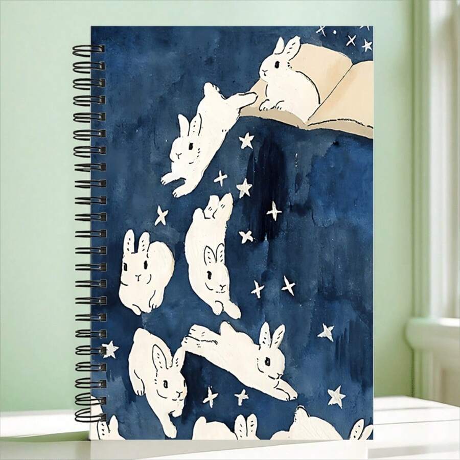 1 Cuaderno espiral A5 lindo con conejo, estrellas brillantes y diseño de portada de conejo durmiendo - Diseño de conejo y noche estrellada de fantasía rosa y blanco, encuadernación espiral duradera - Lindo conejito - Ver 1
