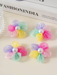 4个时尚渐变彩色花朵发夹，可爱甜美风格，珍珠装饰，轻盈柔软的网状材质，适合派对、送礼和日常佩戴。 - 彩色 - 查看 7