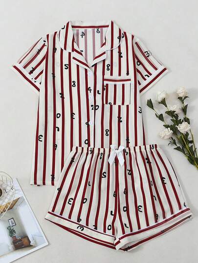 Striped & Letter Print Women Bubble Crinkle Short Sleeve Shorts Pajama Set