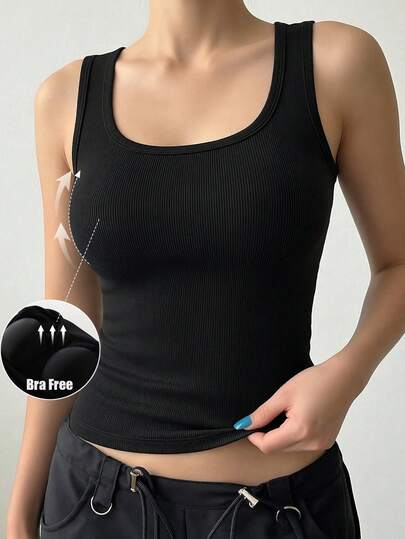 1pc Women Casual Comfortable Padded Black Square Neck Camisole Top, Slim Fit Ribbed Sleeveless Undershirt, Suitable For All Seasons