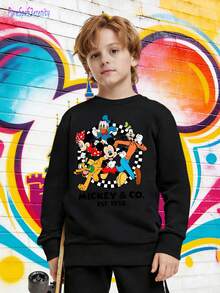 1pc Disney Mickey Mouse & His Cartoon Buddies Tween Boys Retro Sweatshirt (Classic Cartoon Crew Print) - Lightweight & Easy-Care For Everyday Wear & Youth Group Activities - 黑色 - 查看 1
