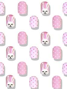 24pcs Cute Square Press On Fake Nails Pink Short Nail Rabbit And Dot Fake Nails Easter Nails - Multicolor - View 2
