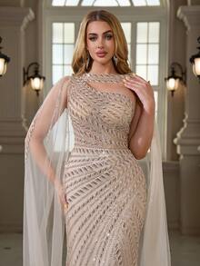 Sequin & Lace Embroidered Shawl, Mesh Overlay Mermaid Hem Zipper Back Elegant Sexy Bodycon Evening Gown - Champagne - View 4