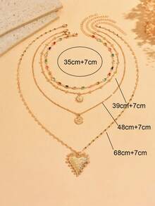 4pcs/Set Fashionable Colorful Rhinestone Necklace, Elegant Versatile Gold Sun, Moon, Heart Layered Necklace, Suitable For Daily Wear, Ramadan, Dates, Parties - Gold - View 4