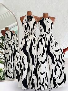 2026 New Bohemian Printed Halter Neck Backless Loose Flowy Maxi Vacation Jumpsuit Skort, Summer Outfits, Vacation Outfits - trắng - Xem 1