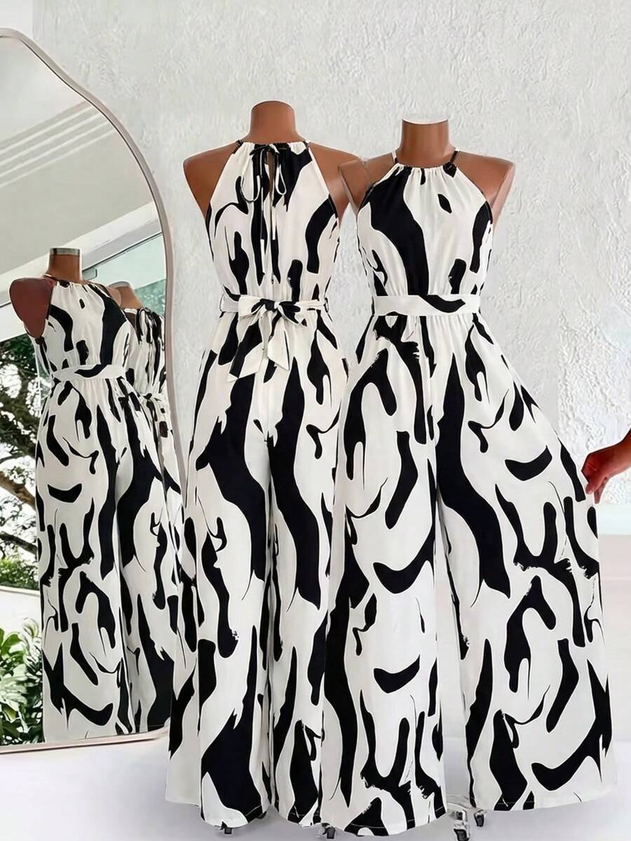 2026 New Bohemian Printed Halter Neck Backless Loose Flowy Maxi Vacation Jumpsuit Skort, Summer Outfits, Vacation Outfits - trắng - Xem 1