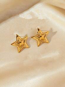2-Tone Star Stud Earrings - Dual-Layer Metallic Earrings In Gold & Silver, Suitable For Sweet & Casual Daily Outfits - Star - View 5