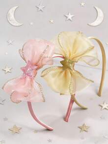 2件装优雅薄纱蝴蝶结发箍，星形装饰蝴蝶结发带，闪亮粉色和金色发箍，可爱发饰，适合作为女孩礼物，也适合婚礼、生日、新年、情人节等场合。 - 彩色 - 查看 1