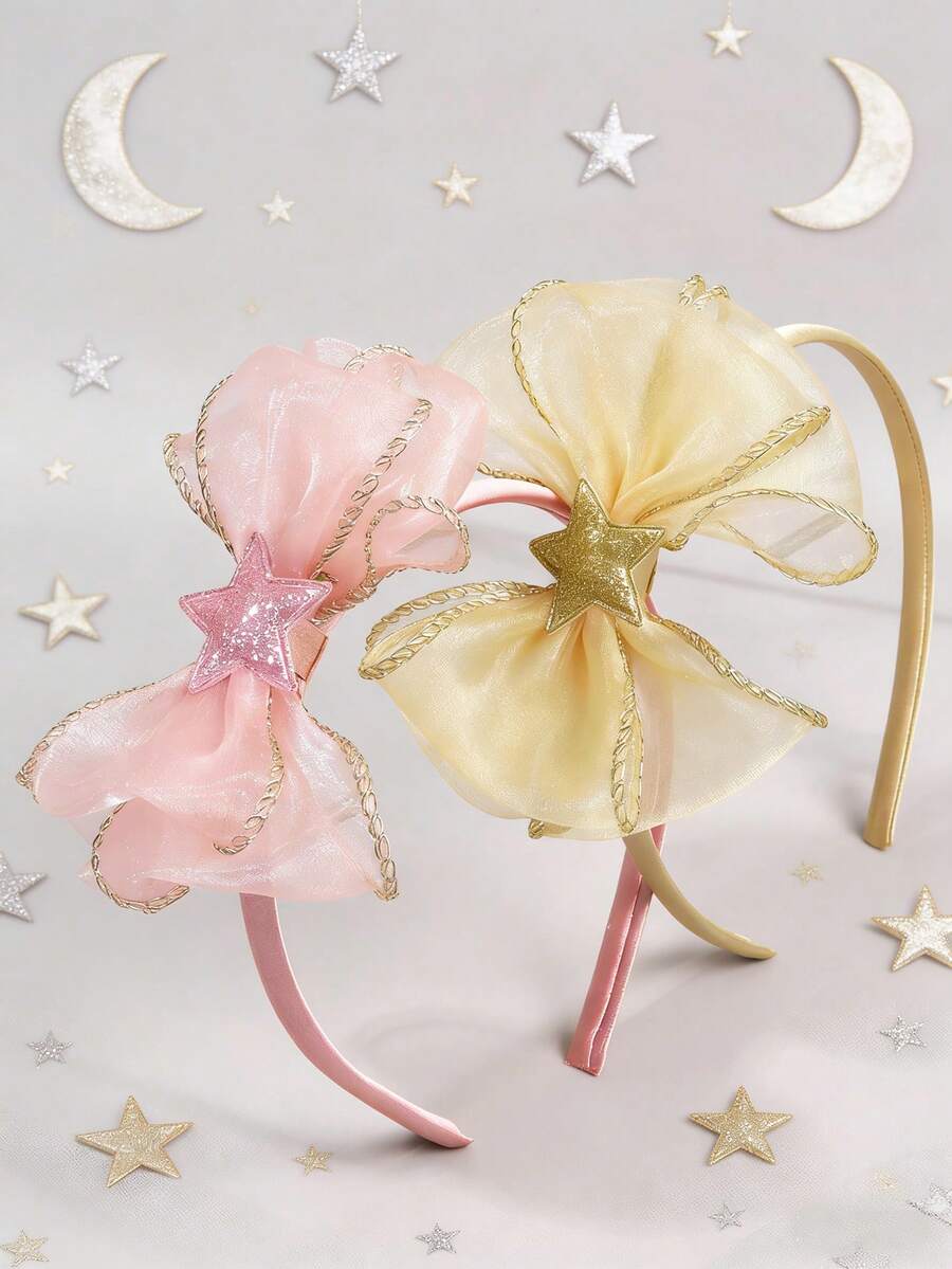 2件装优雅薄纱蝴蝶结发箍，星形装饰蝴蝶结发带，闪亮粉色和金色发箍，可爱发饰，适合作为女孩礼物，也适合婚礼、生日、新年、情人节等场合。 - 彩色 - 查看 1