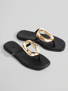 Rihero Flip Flops For Women Comfortable Square Toe Flat Sandals Slip On Summer Beach Slide Sandals With Metal Decoration - 黑色 - 查看 3