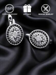1 đôi bông tai nữ bằng bạc Sterling S925, họa tiết hoa cổ điển, đính toàn bộ kim cương đen hình bầu dục, hộp quà tặng, thích hợp làm quà sinh nhật cho bạn gái/bạn thân, phong cách retro sang trọng, trang sức đeo hàng ngày/hẹn hò. - Bạc - Xem 6