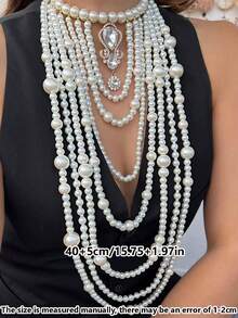 1件复古水滴花朵仿珍珠吊坠项链，巴洛克风格多层串珠流苏项链，适合女性节日、派对、约会佩戴，可作为情人节、母亲节、周年纪念日礼物或珠宝礼品。 - 白色 - 查看 2