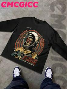EMCGICC Street Life Men's Y2k Style (250 Cotton T-Shirt) Long Sleeve Shirt, Space Visual Printing,Cotton Graphic T-Shirt, Men's Hip Hop Style - Long Sleeve T-Shirt, Fun Vintage Shirt, Regular Fit, Street Style, Halloween, Digital Print, Ideal Gift - Đen 4 - Xem 2