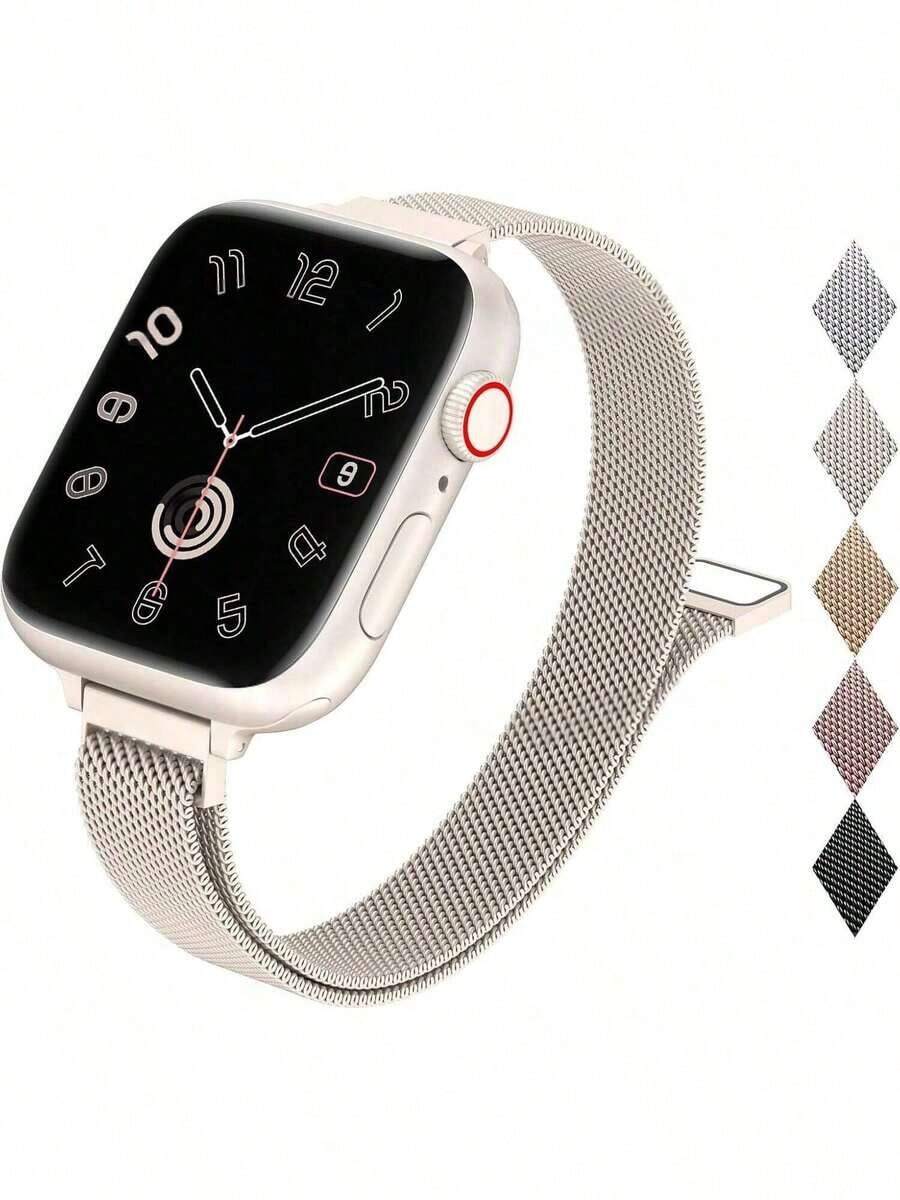 金色细款米兰尼斯表带，兼容40mm、41mm、38mm、42mm、44mm、45mm、49mm、46mm表盘尺寸的 Series 10、9、8、7、6、5、4、3、2、1、Ultra和SE，不锈钢磁性网状表带，女士款 - 42/44/45/49mm(s10)46mm - 查看 1