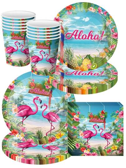50Pcs Aloha Tropical Hawaiian Party Supplies Set - Pink Flamingo & Pineapple Pattern Disposable Paper Plates Cups & Napkins | Festive Tableware For Summer Beach Parties, Luau Gatherings & Tropical Birthday Celebrations | Palm Leaf & Floral Decor With 'Aloha!' Print For Party Favors, Home Pool Party Decoration & Special Occasion Essentials